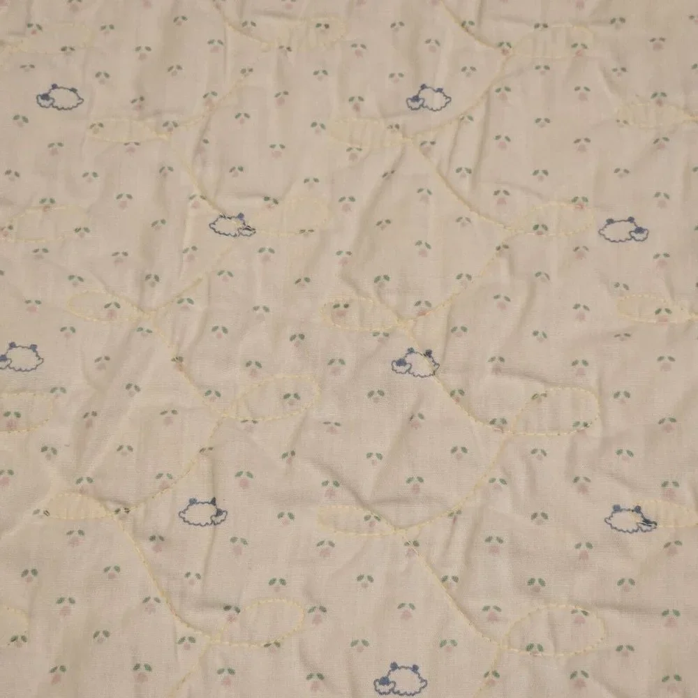 Vintage‎ Light Yellow Baby Blanket ABC Animals Quilted Eyelet Lace Trim 43 X 58